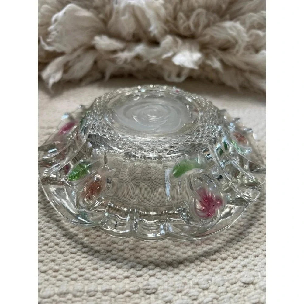 Vintage Glass Ashtray With Rose Design Red & Green Accents‎